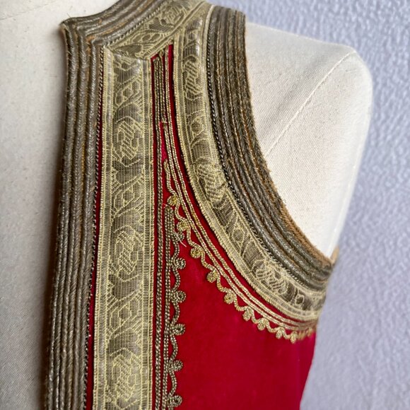 Antique Red Wool & Gold Trim Balkan Macedonian Long Traditional Folk Vest - Picture 3 of 16